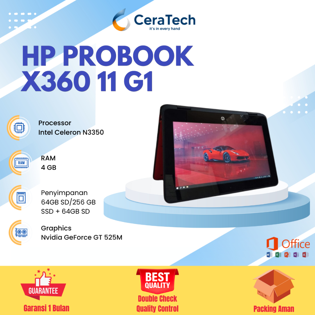 Laptop Hp Probook x360 11 G1 Intel Celeron N3350 Ram 4 SD 64 Gb/ SSD 256 Gb
