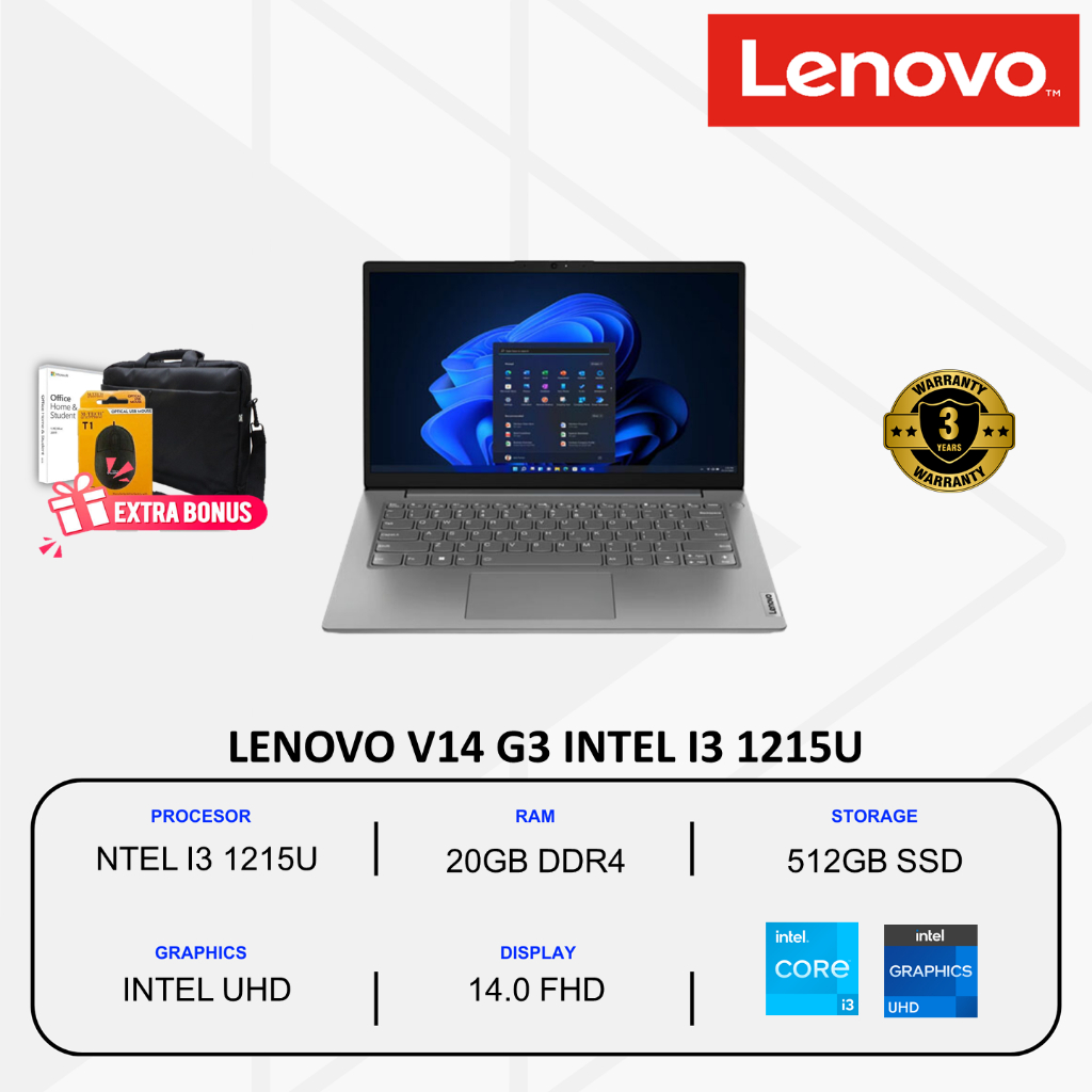 Laptop baru murah Lenovo V14 G3 Intel Core I3 1215U 20Gb  512Gb 14.0 Fhd win 11 Home + ohs