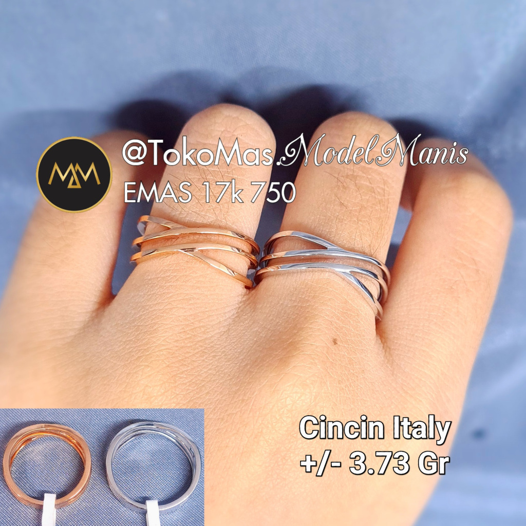 Cincin Line Silang Italy Emas Putih Rosegold 750 kadar 18k