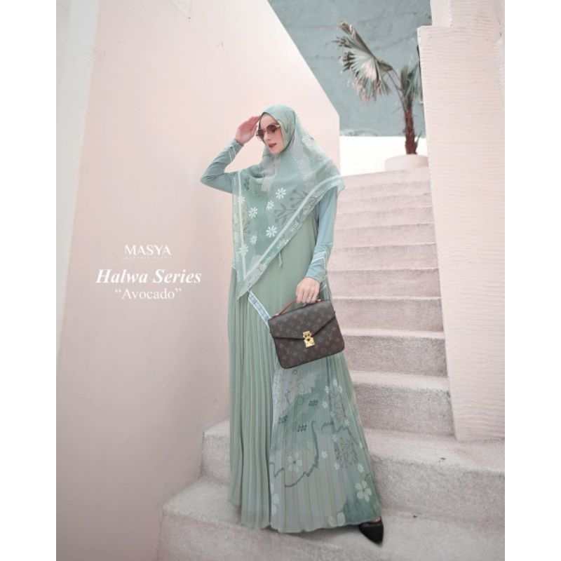 Set Gamis Dress Ceruty Babydoll Printing Premium Syari Branded Merah Maroon - Broken White - Ungu - 