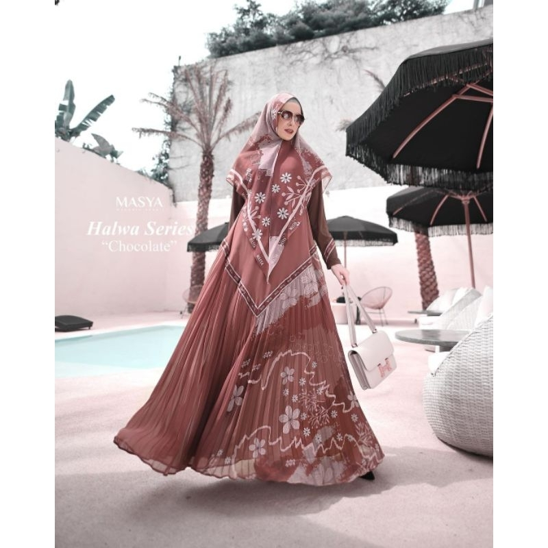 Set Gamis Dress Ceruty Babydoll Printing Premium Syari Branded Merah Maroon - Broken White - Ungu - 