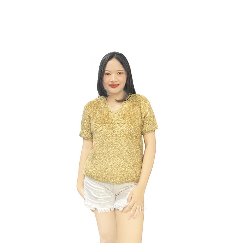 Rajut Bulu Wanita Lengan Pendek Baju Hangat Wanita Rajut Premium