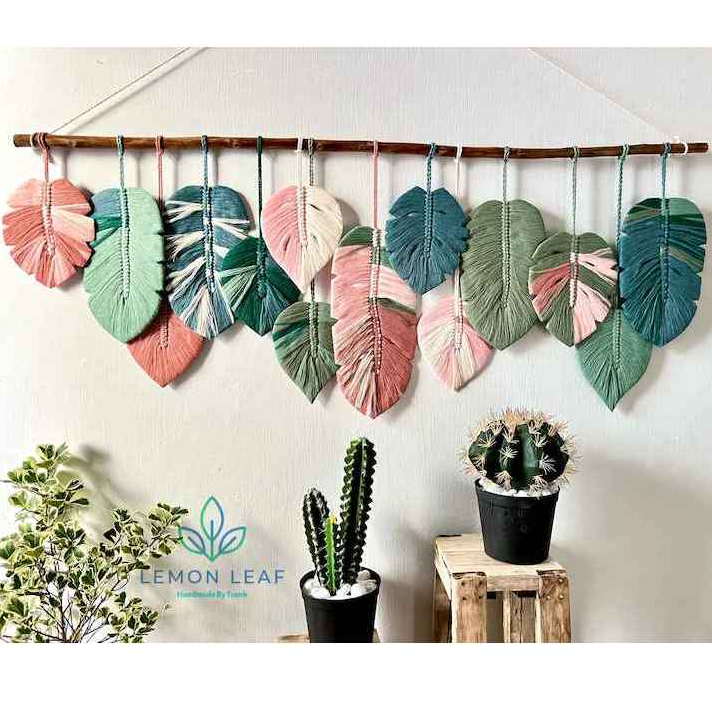 Macrame hiasan dinding daun monstera, seni dinding macrame daun besar, seni dinding macrame, permada