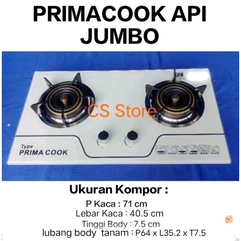 Primacook Kompor Gas Tanam Kaca 2T Api Jumbo  ORIGINAL  Putih