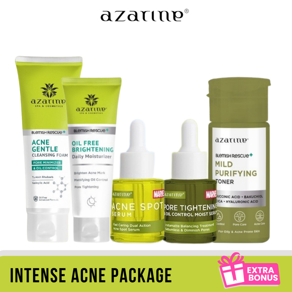 Azarine Intense Acne Package | Facial Wash, Toner, Moisturizer, Serum Jerawat | Paket Lengkap Skinca