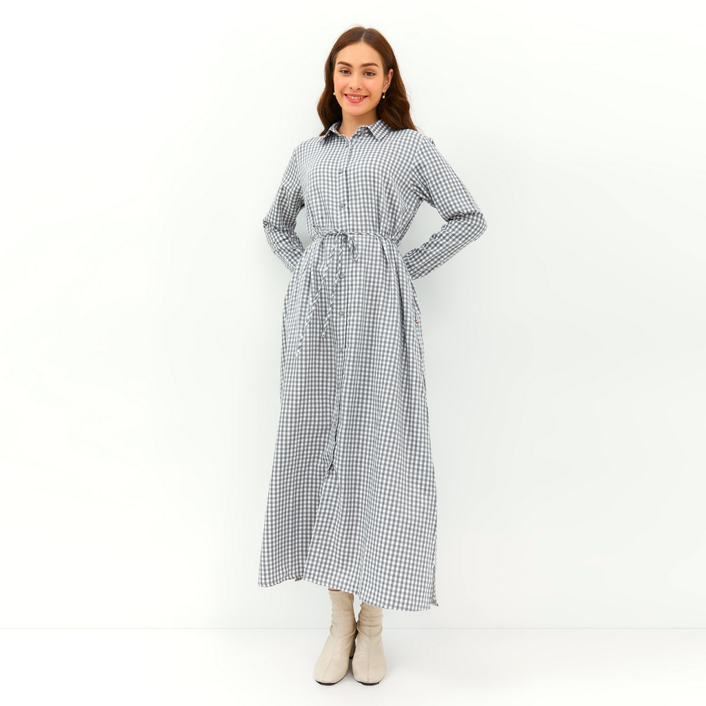 GRAPHIS Gingham Twill Maxi Shirt Dress / Dress lebaran wanita stripes 2024 kekinian terbaru jumbo ba