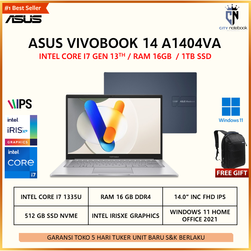 Laptop ASUS VIVOBOOK 14 A1404VA I7 1355U 16GB 1TB SSD W11 OHS 14.0 FHD IPS