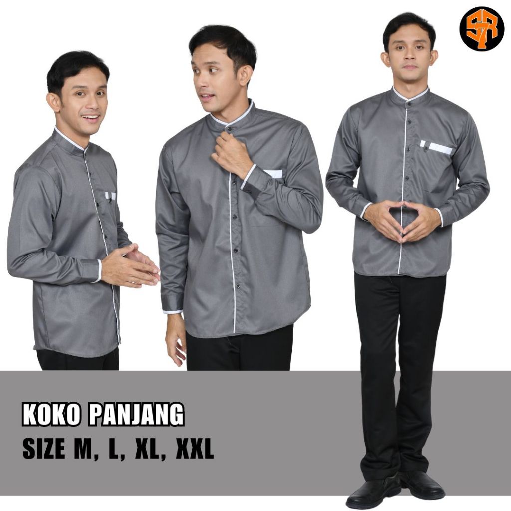 SRSEVEN7 Baju Koko Pria Dewasa Lengan Panjang Kemeja Koko Grey
