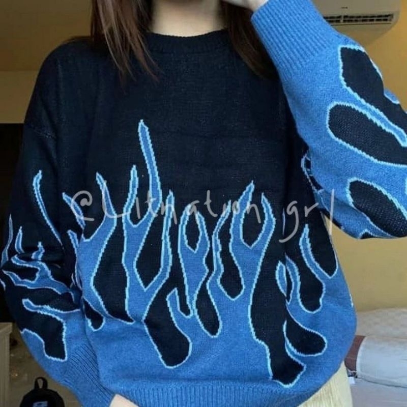 Litnation.id Flame Naomi Sweater | Preloved Sweater | Thrift Sweater | Blue Sweater | Sweater Blue O