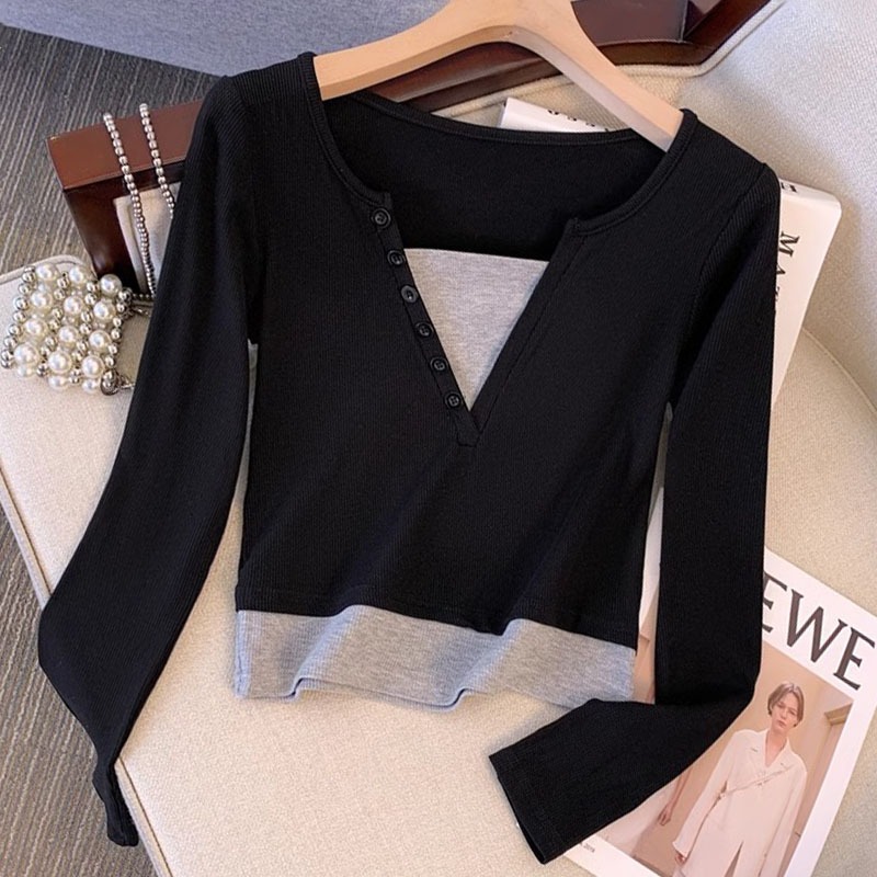 Kaos Lengan Panjang Kerah V Bergaris Premium / Crop Top Korea Lengan Panjang / Atasan Kaus Dua