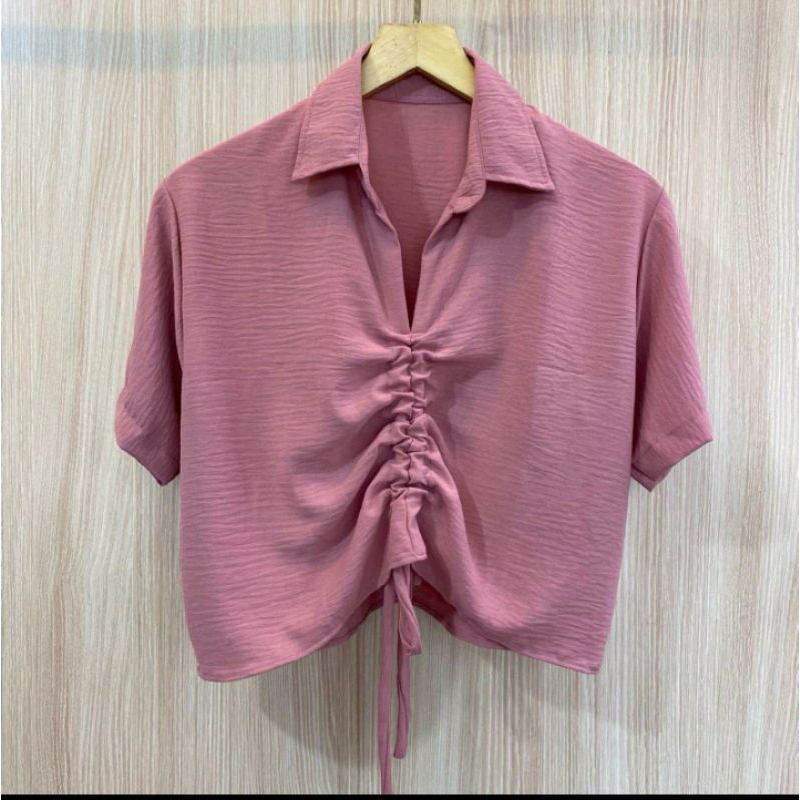 Blouse Korean Style/Kemeja Crop Tali Serut Wanita Crinkle Airflow Terbaru/Blouse Wanita Crop top Kek