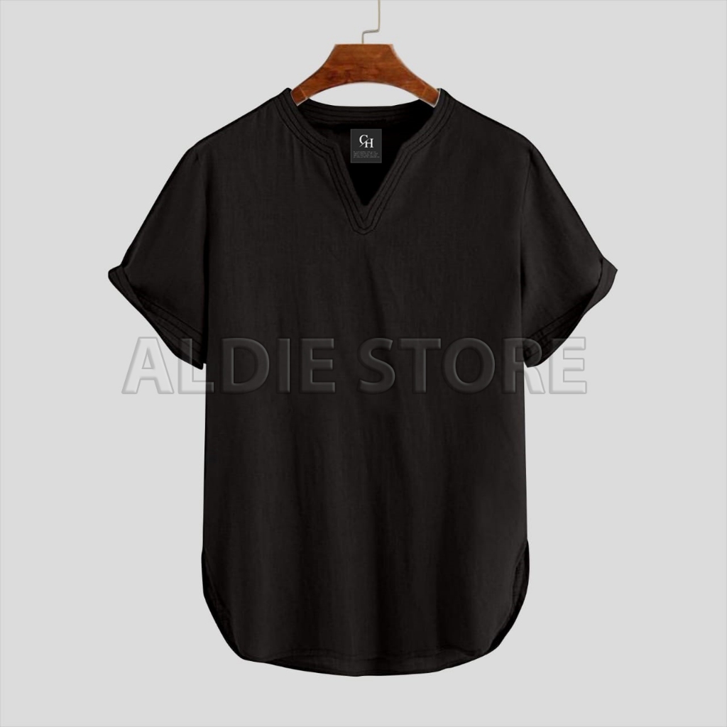 Koko Pria Muslim Lengan Pendek Hitam Polos V-neck Baju Zhafar Kemeja Kurta Kasual Formal