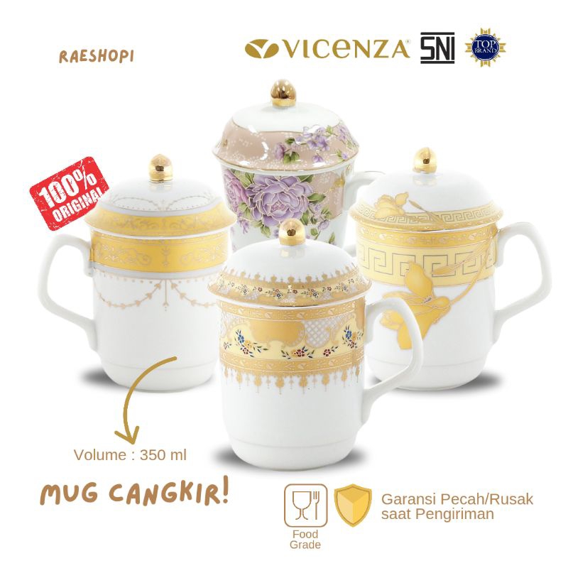 Vicenza Mug Cangkir dengan Penutup motif Padi/Lily/Camelia/Magnolia/Ayana/Mawar/Melati/Eternity/Gemi