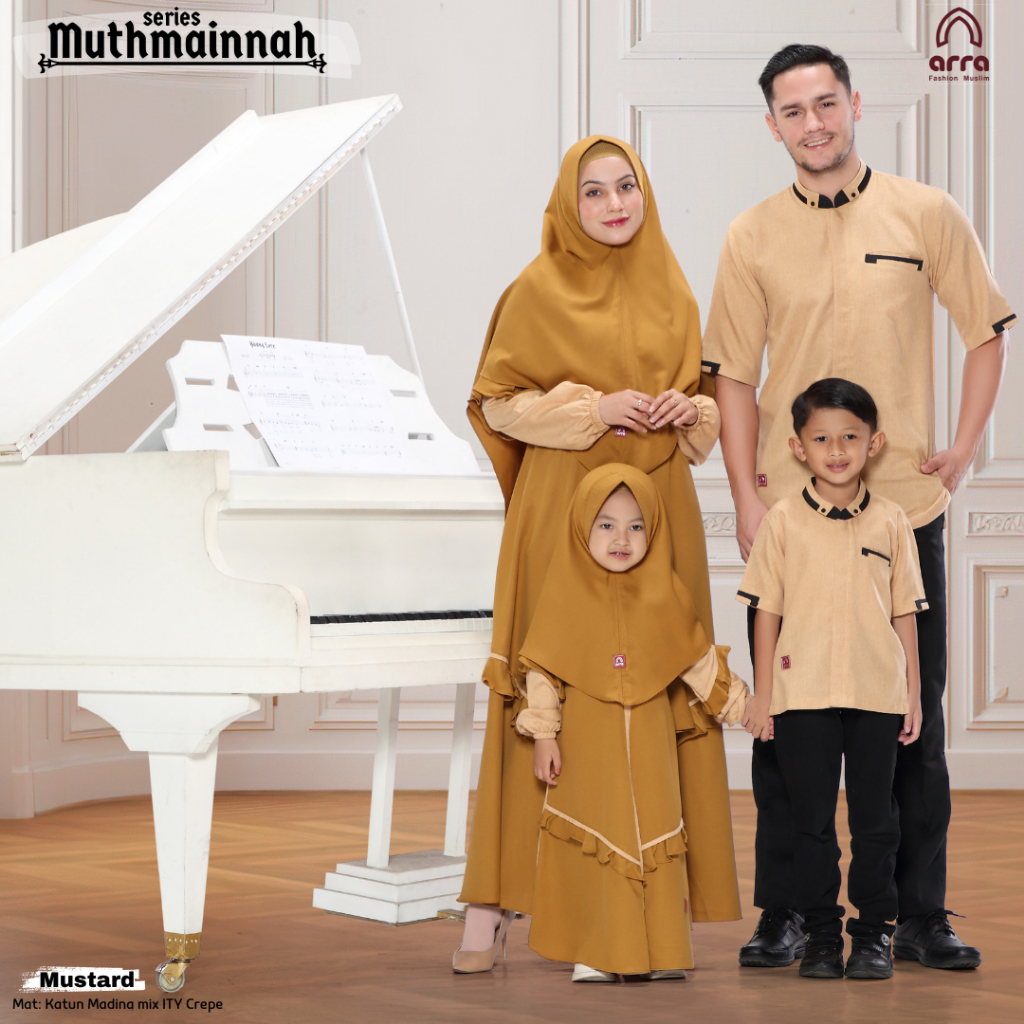 ARRA - Sarimbit Muthmainnah(Koko,Gamis,Khimar)Mustard Bahan Katun Madina Lembut Mix ITY Crepe Ceruty