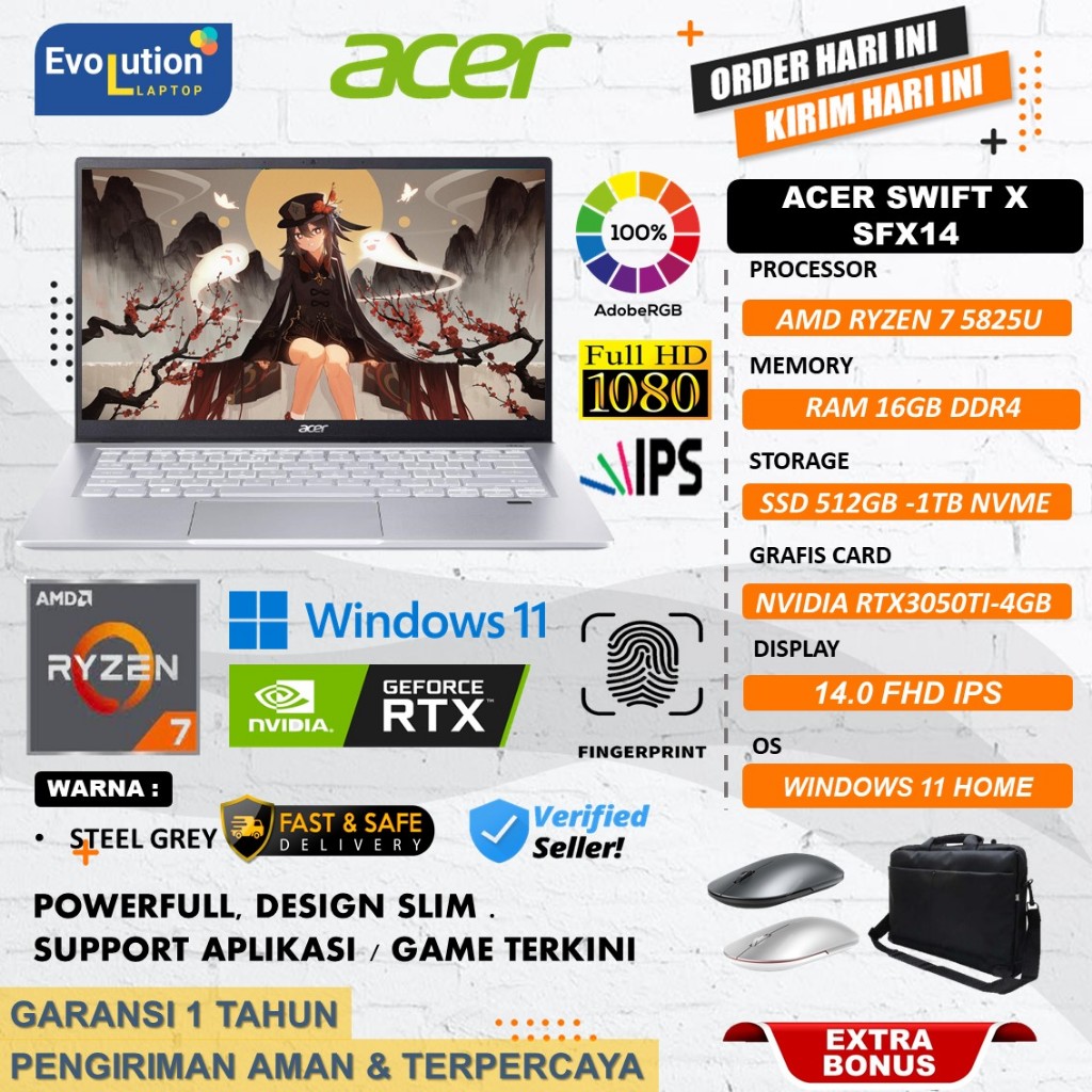 Laptop Slim Gaming Murah Acer Swift X SFX14 AMD RYZEN 7 5825U 16GB 2TB SSD RTX3050TI-4GB FHD IPS Win