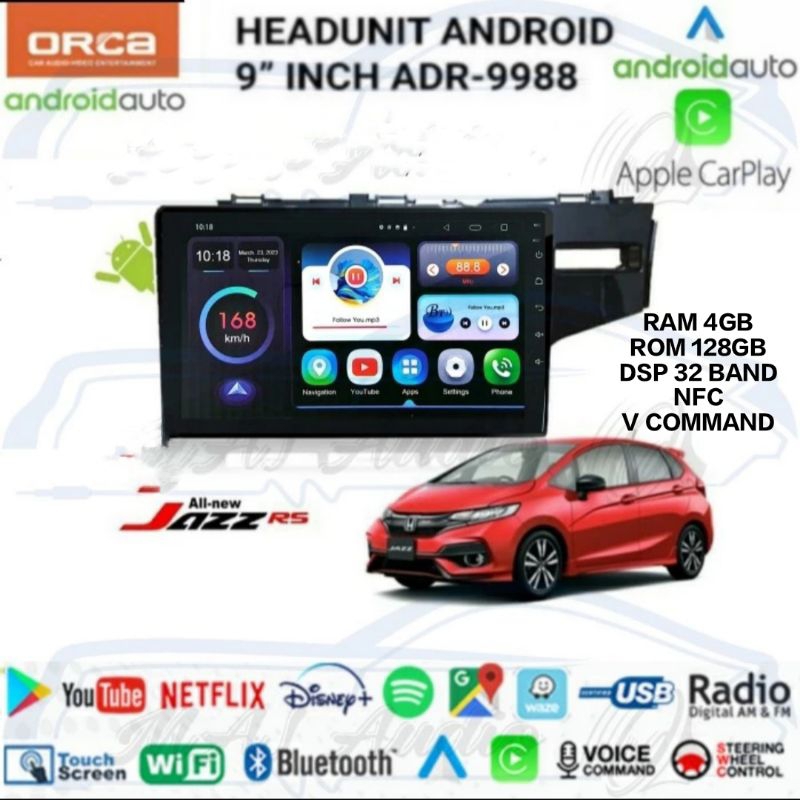 HEAD UNIT TAPE TV MOBIL ANDROID ORCA OEM HONDA NEW JAZZ RS RAM 4GB/128GB TERSEDIA LAYAR 9" DAN LAYAR