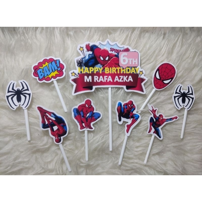 Topper Cake Ultah/Hiasan Cake Ultah/Spiderman1/Fullstick/Free Custom Nama Tulisan