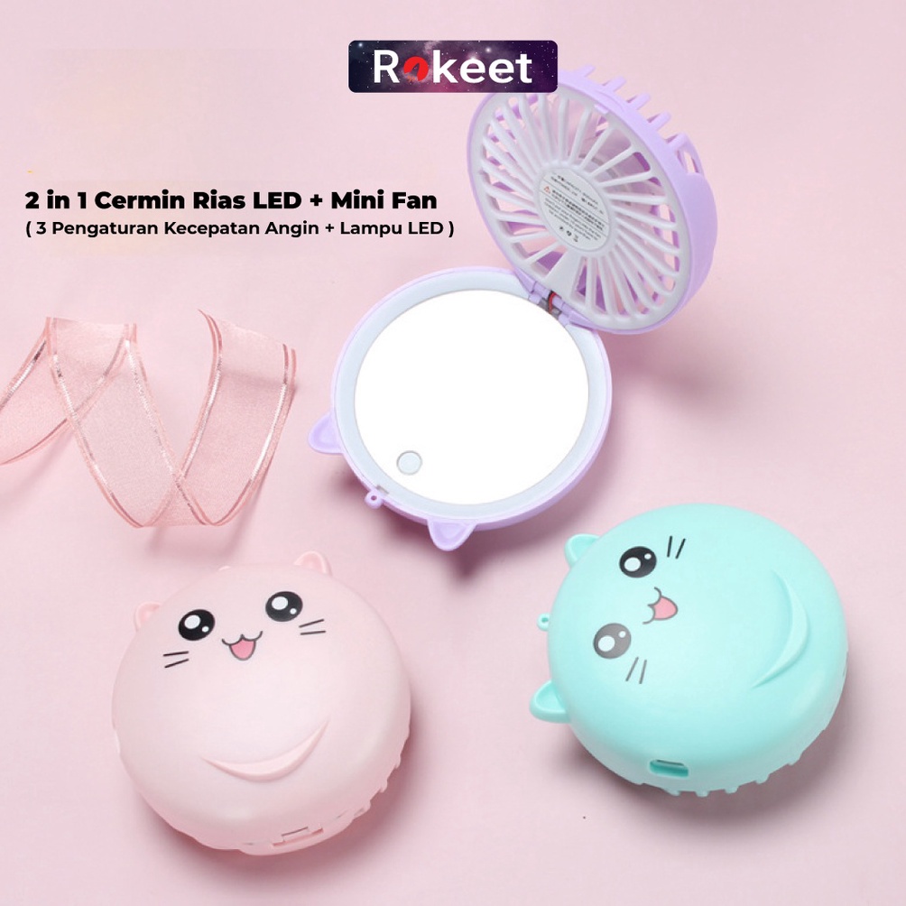 ART J16O Rokeet Kipas Angin Cermin Kaca LED Portable Karaker Mini Fan Mirror