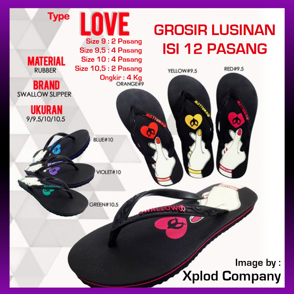 (12 Pasang) Grosir Lusinan Sandal Swallow Love Wanita Ukuran Seri 9 – 10.5 Sendal Swallow Grosiran