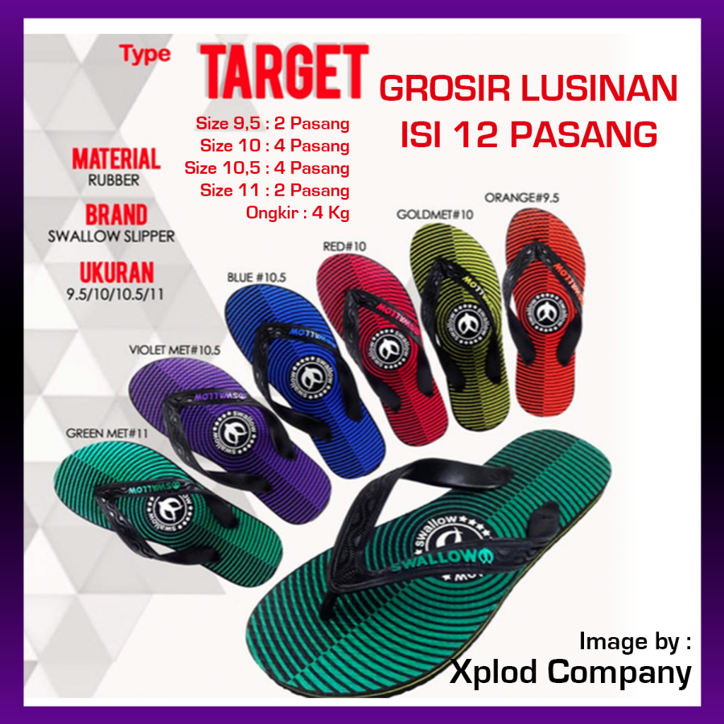 (12 Pasang) Grosir Lusinan Sandal Jepit Swallow Target Ukuran Seri 9.5 – 11 Sendal Swallow Grosiran