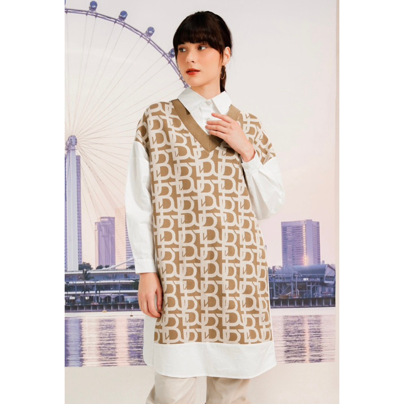 Monogram Mix Fabric Vest Shirt Brown Benang Jarum Buttonscarves