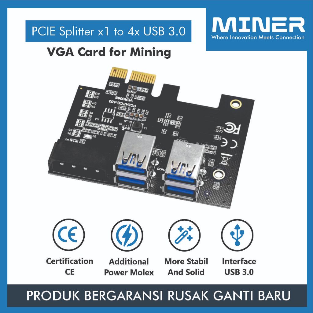 MINER GPU Splitter x1 PCIE to 4x USB 3.0 Extender VGA Card With Molex Power