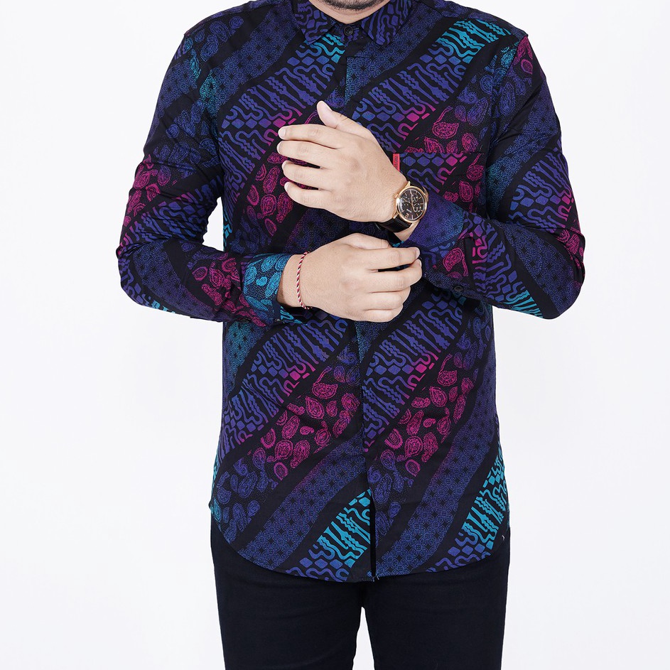 Grosir Bermutu  READY BIGSIZE BABEDO KEMEJA BATIK PRIA LENGAN PANJANG MOTIF GRADASI BIRU PREMIUM