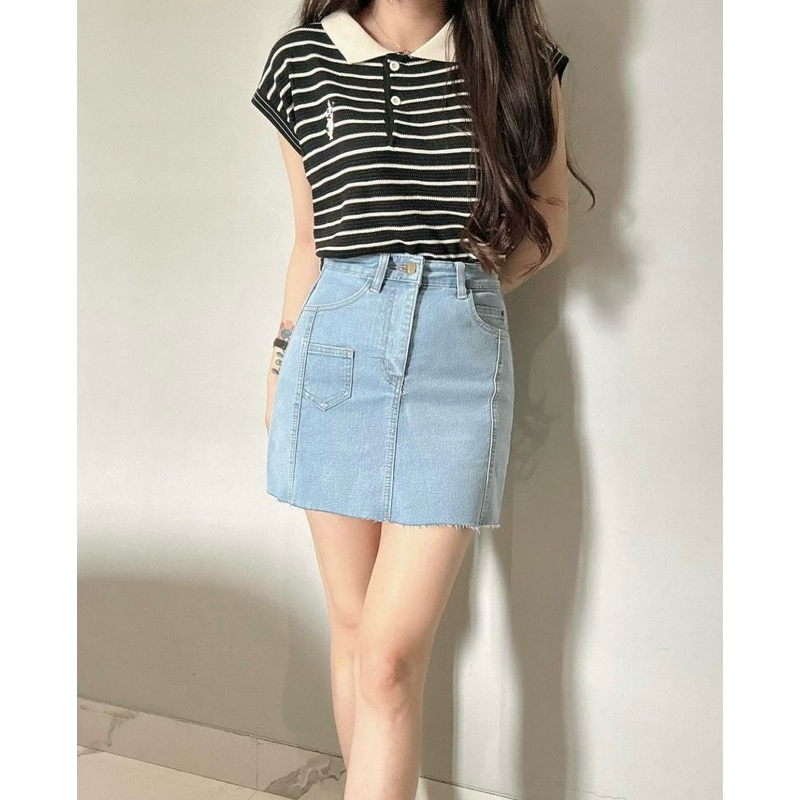 Kode 3765 Ndudshop knit shirt Jc Bunny Stripe Loose Polo Knit Top