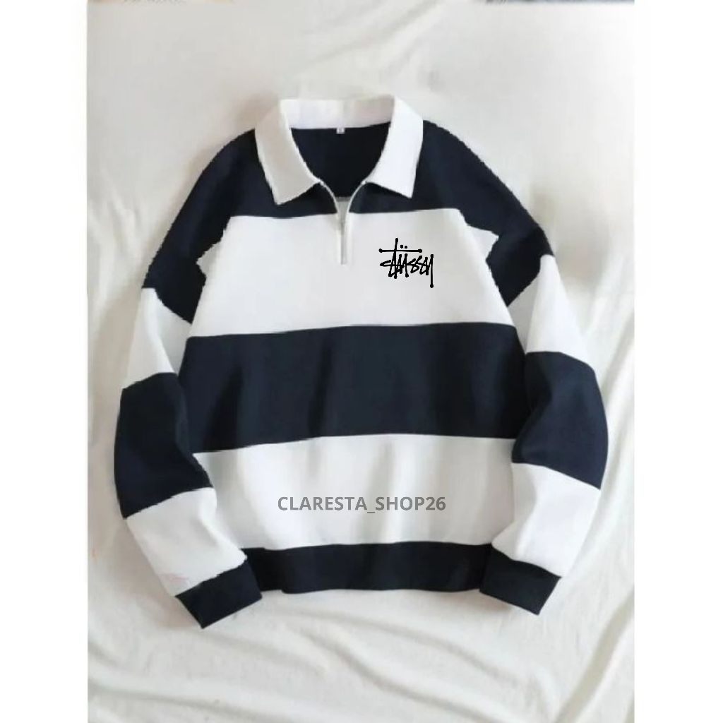 RUGBY STUSSY SWEATER SALUR KOMBINASI SWEATER KERAH RESLETING SWEATER PRIA WANITA HALFZIP STUSSY
