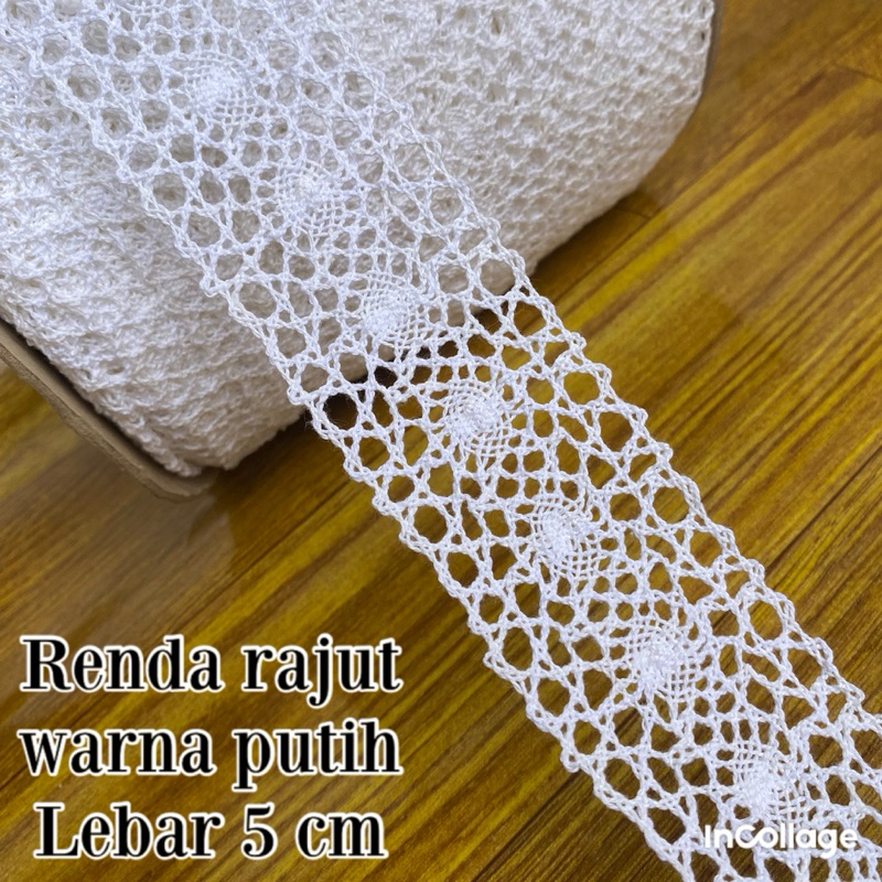per rol 15 yard renda rajut warna putih lebar 5 cm