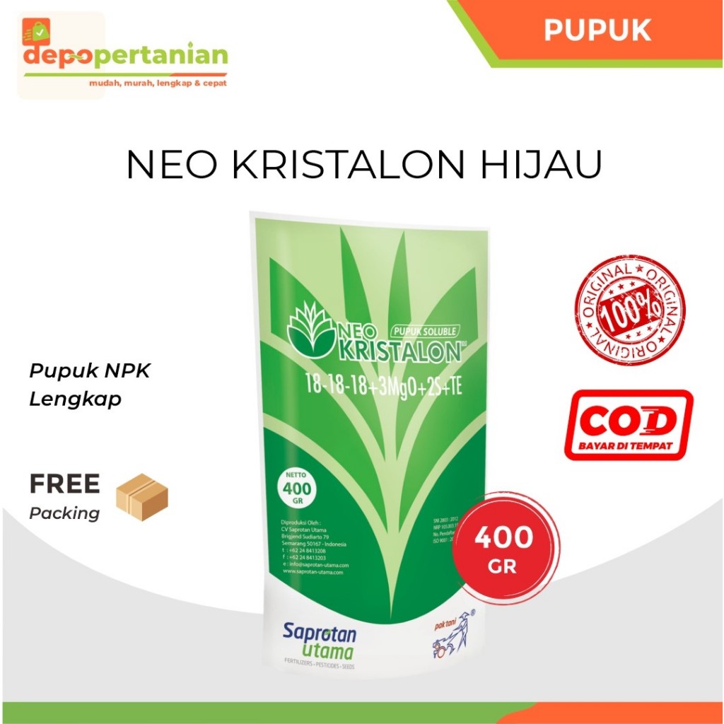 Depo Pertanian - Pupuk Neo Kristalon Hijau 18-18-18+3Mg0+2S+TE 400 gram Pupuk Majemuk Mikro Makro