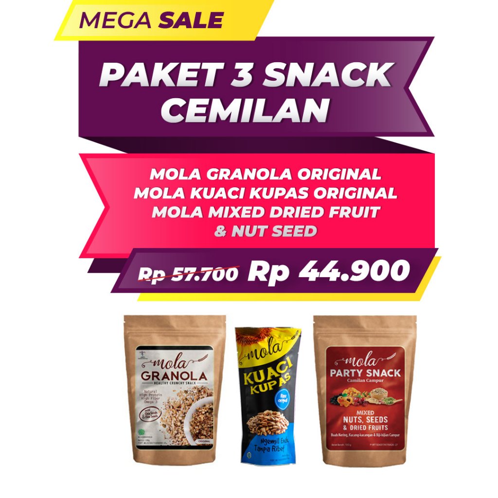 

Paket 3 Snack Cemilan Isi 1 Mola Granola 1 Mola Kuaci Kupas 1 Mola Party Snack Mixed Dried Fruit & Nut Seed