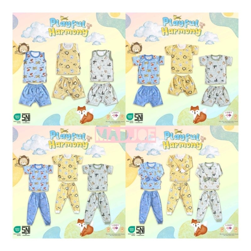 3PCS Libby Playful Harmony setelan oblong singlet celana pendek, setelan oblong pendek celana pencek