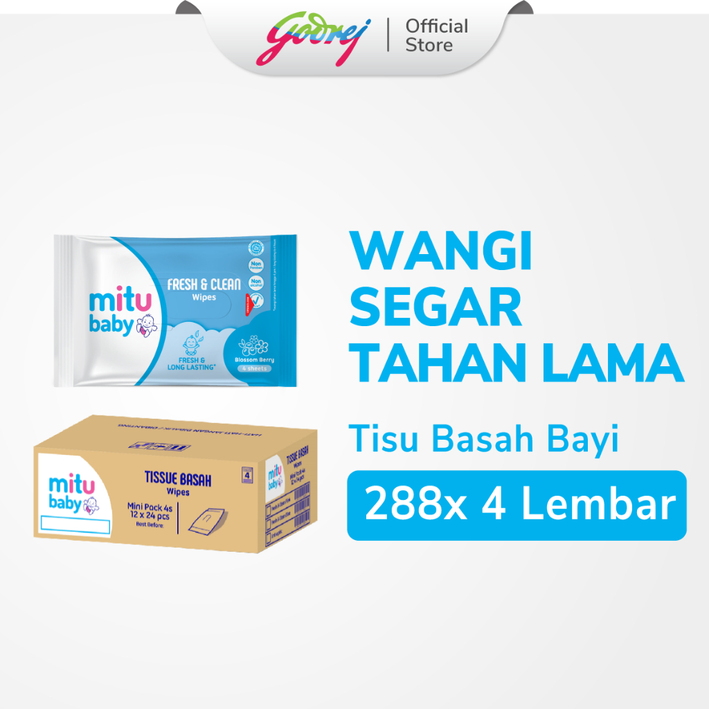 [1 Karton isi 288pcs] Mitu Baby Tissue Fresh & Clean Blue Blossom Berry - 4s - Tisu Basah Bayi