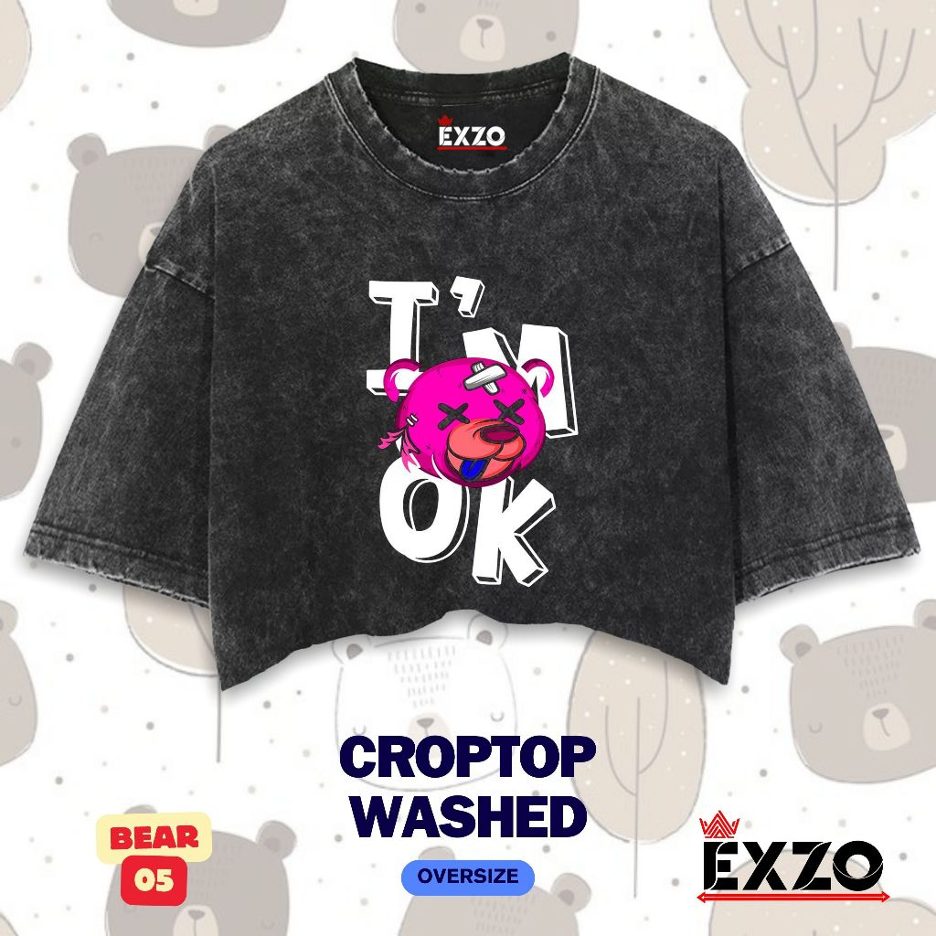 EXZO Kaos CROP TOP BEAR COLECTION  Oversize stonewash acidwash sandwash washed tshirt kaos BEAR COLE