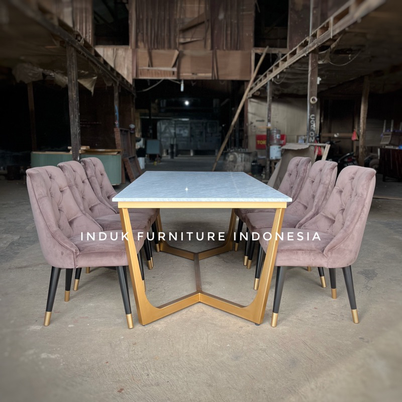 SET MEJA MAKAN 6 KURSI TOP MARMER CARARA