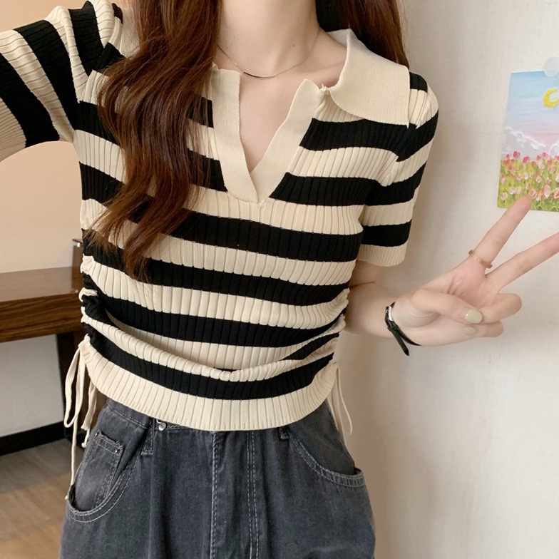 ART L33Q Atasan Kerah polo Rajut Salur Tali  Vneck Crop Top Blouse Stripe  Polo Shirt Atasan Wanita 