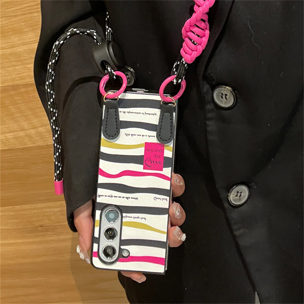Cute Korean Crossbody Lanyard Adjustable Necklace Stripe Case for Galaxy Z Fold 7 5 4 3 5G Z Fold 6 