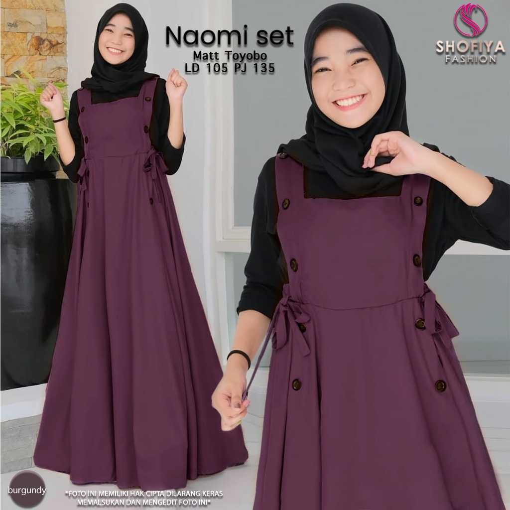 naomi setelan set pakaian baju dress gamis new overall overal variasi kancing mayung bahan katun ade