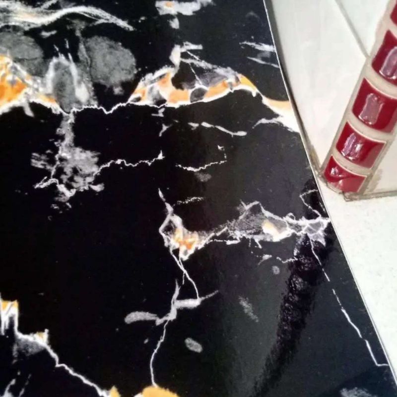 wallpaper sticker glossy MARMER HITAM GARIS OREN 60cm x 5meter stiker perabot lemari rak countertop 