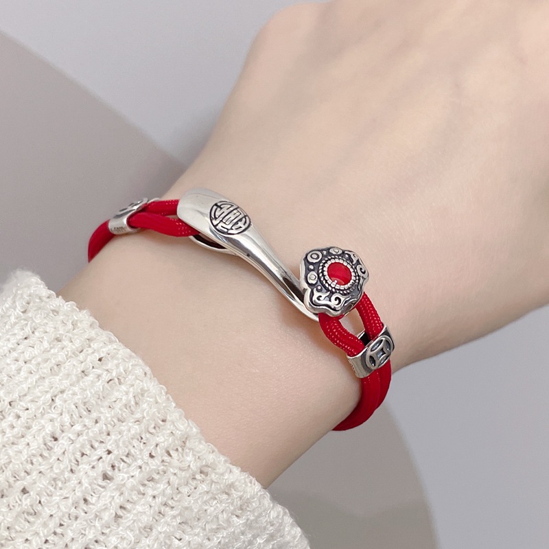 Gelang Shio S925 Perak Murni Gelang Tali Merah Keberuntungan untuk Pria dan Wanita, Gelang Pasangan 