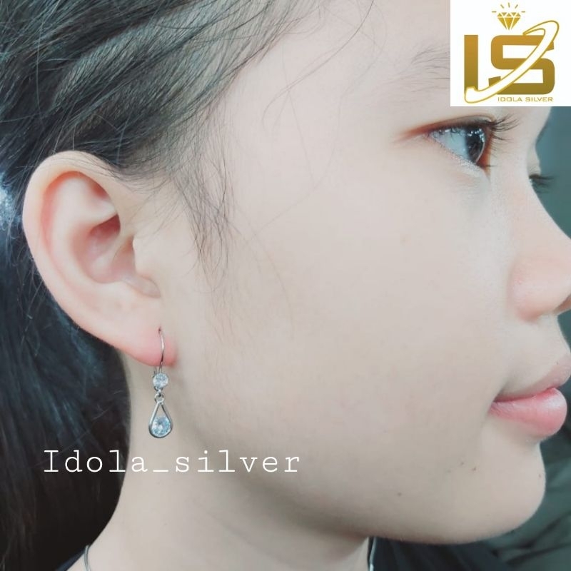 Anting perak asli silver wanita 925 Lapis Emas Putih Asli Model Tetes Air Permata Kilau - Anting