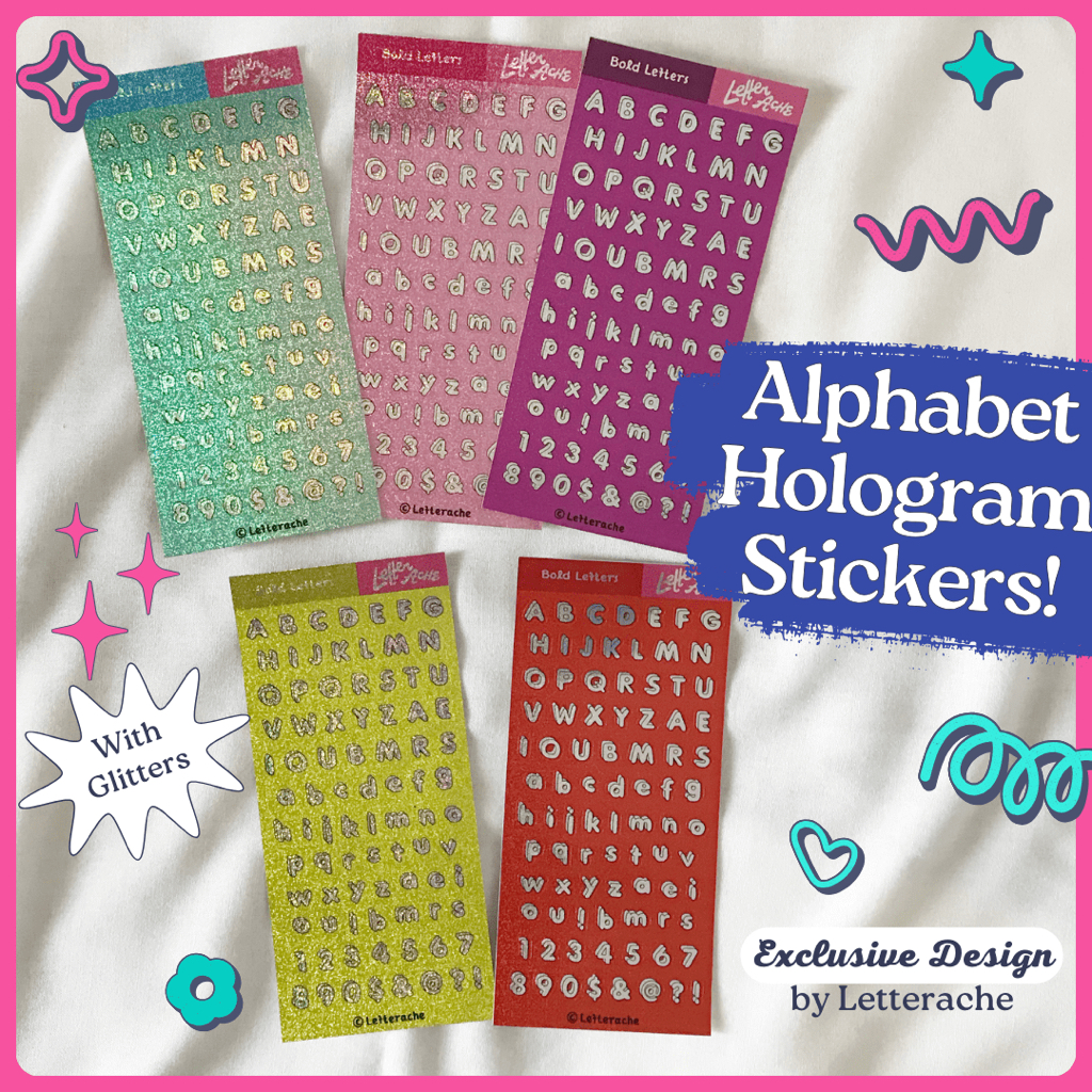 

Alphabet Hologram Stickers with Colorful Outline and Glitter Effect