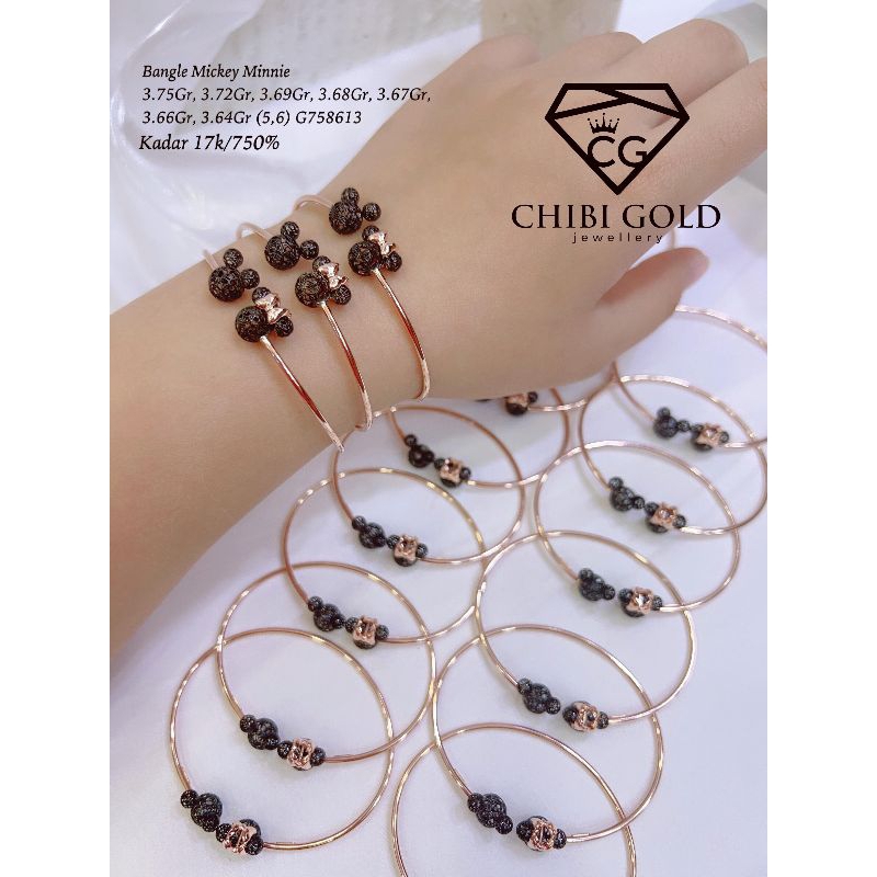CHIBIGOLD - gelang bangle Mickey black gold model krancang dan kramik MICKEY emas asli 750% 17K