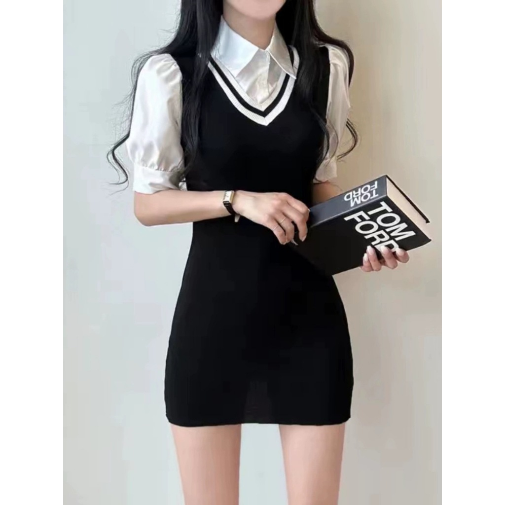 [TTEUDA] Dress Korea Slimboddy Knit Kerah Kemeja | Dress Wanita Vintage Knit Kekinian | Mini Dress V