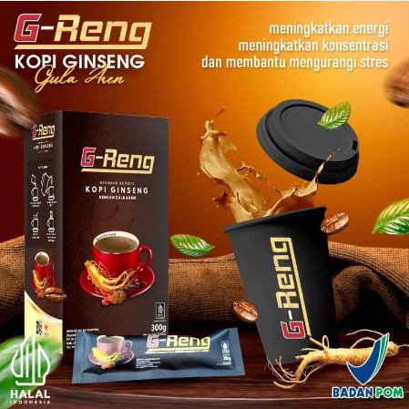 

KOPI G-RENG PREMIUM/KOPI GINSENG UNTUK STAMINA DAN KESEHATAN HARGA 1 BOX ISI 10 SACHET 300 GRAM.