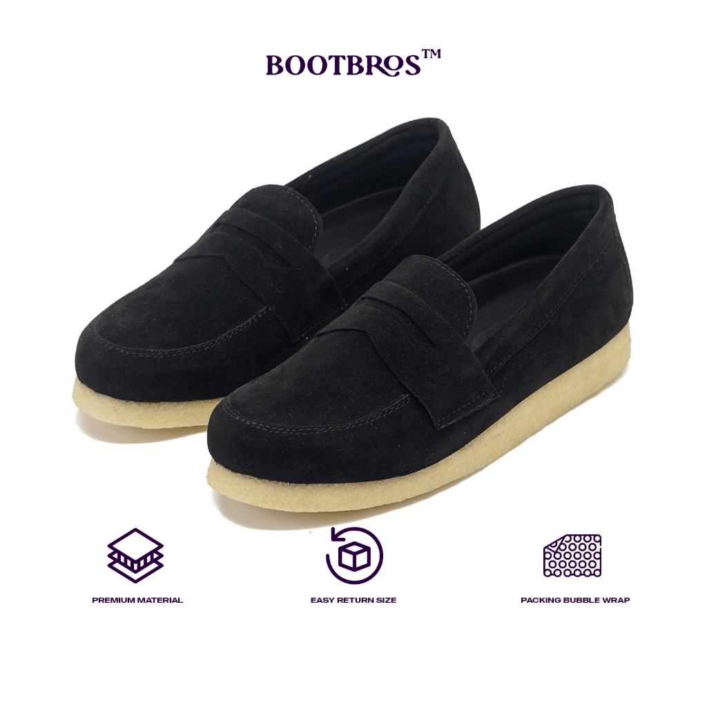 Bootbros QUIN - Sepatu Crepe Sole Penny Loafer Kulit Suede Pria Hitam Cream
