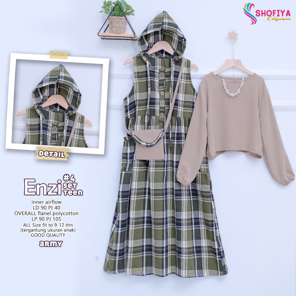 enzi gamis dress dres baju pakaian busana overall setelan set 2in1 inner airflow anak kids perempuan