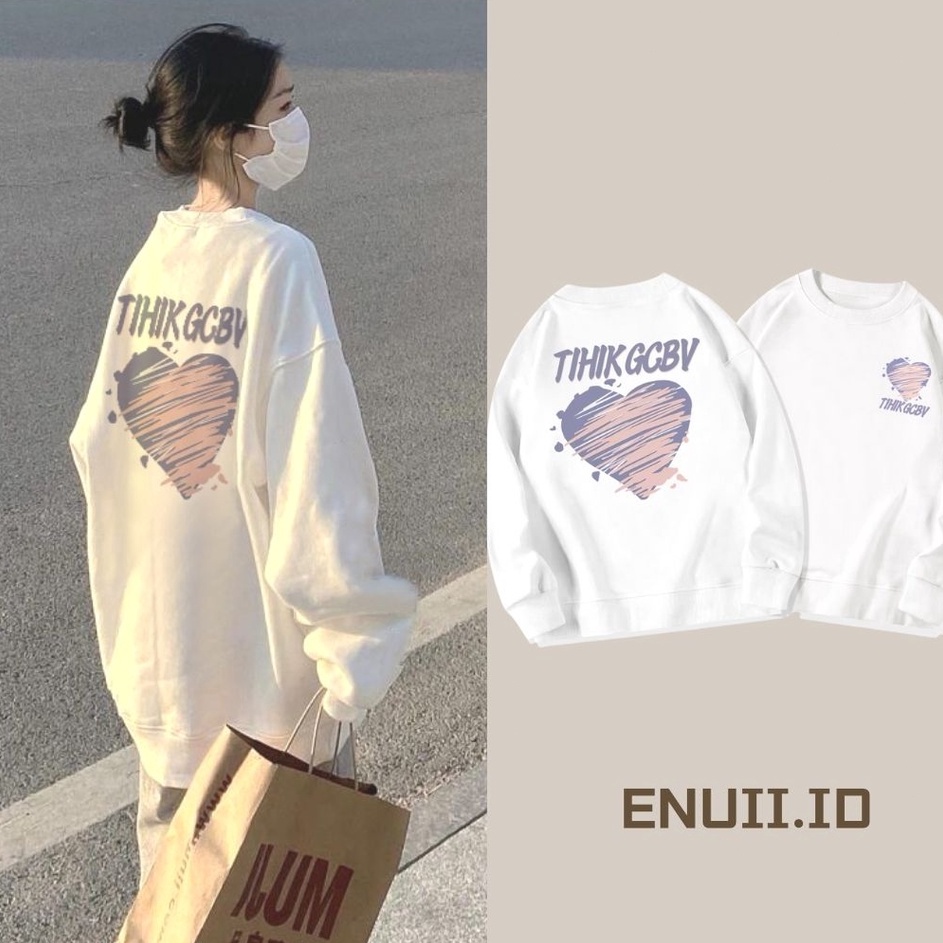 Kualitas Puas  ENUII Sweater Lengan Panjang Graffiti Love Korean StyleHoodie OversizeBaju WanitaSwit