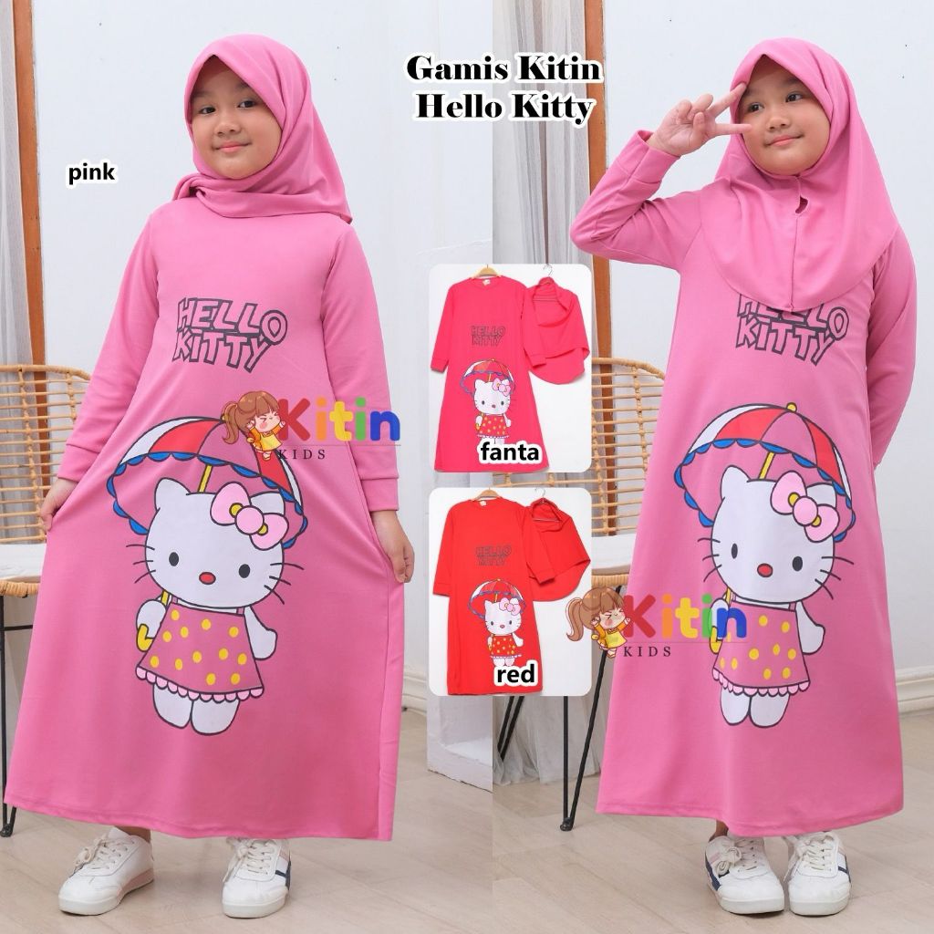 DISKON KITIN - GAMIS ANAK SET HIJAB 2-9 TAHUN MOTIF HELLO KITTY BAHAN RAYON LICIN TUNIK JILBAB